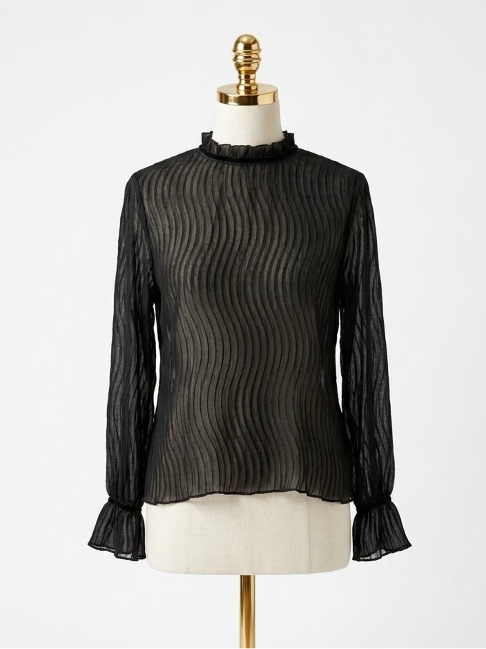 Jane Plus One Sheer Textured Mock Neck Ruffled Cuff Romantic Blouse Black S